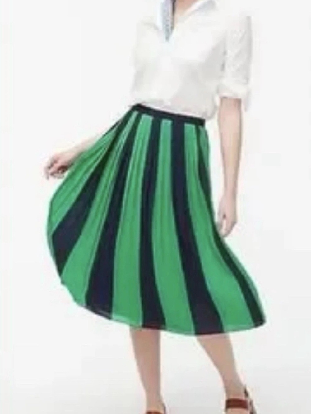 J. Crew Women’s Pleated Midi Skirt 4 Navy Blue Green Stripe Holiday work wear